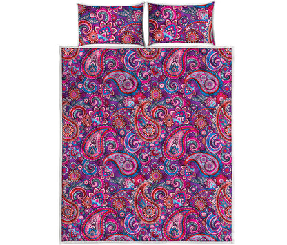 Purple And Pink Paisley Pattern Print Quilt Bed Set