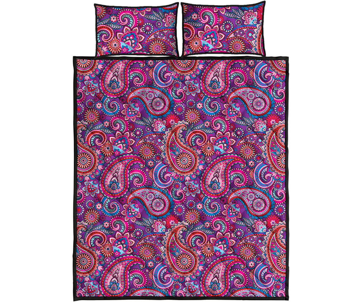 Purple And Pink Paisley Pattern Print Quilt Bed Set