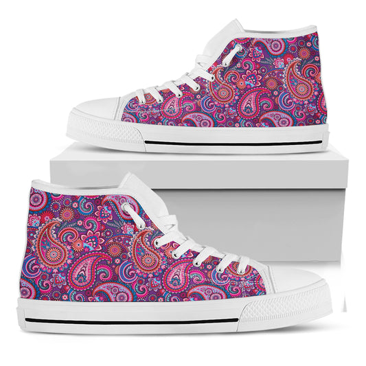 Purple And Pink Paisley Pattern Print White High Top Shoes