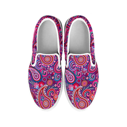 Purple And Pink Paisley Pattern Print White Slip On Shoes