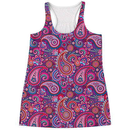 Purple And Pink Paisley Pattern Print Women's Racerback Tank Top