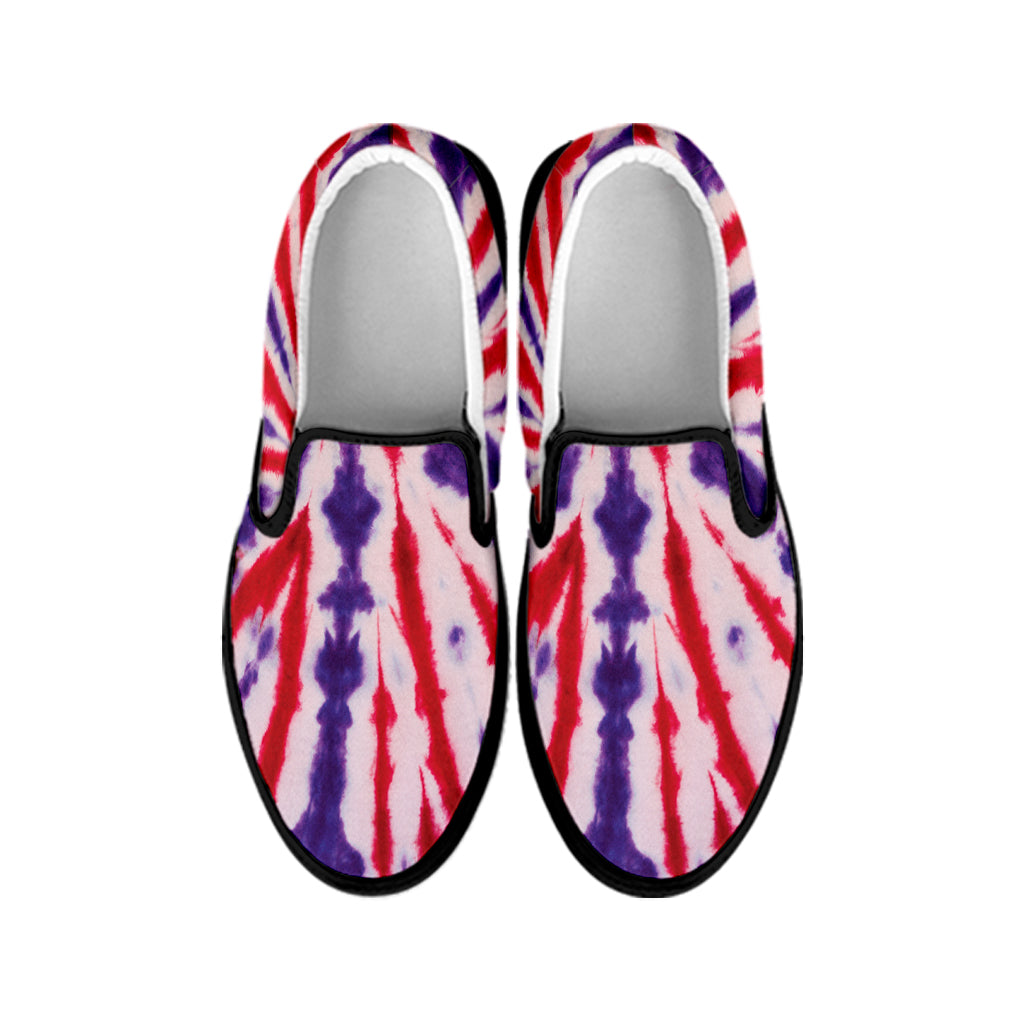Purple And Red Spider Tie Dye Print Black Slip On Shoes