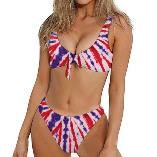 Purple And Red Spider Tie Dye Print Front Bow Tie Bikini