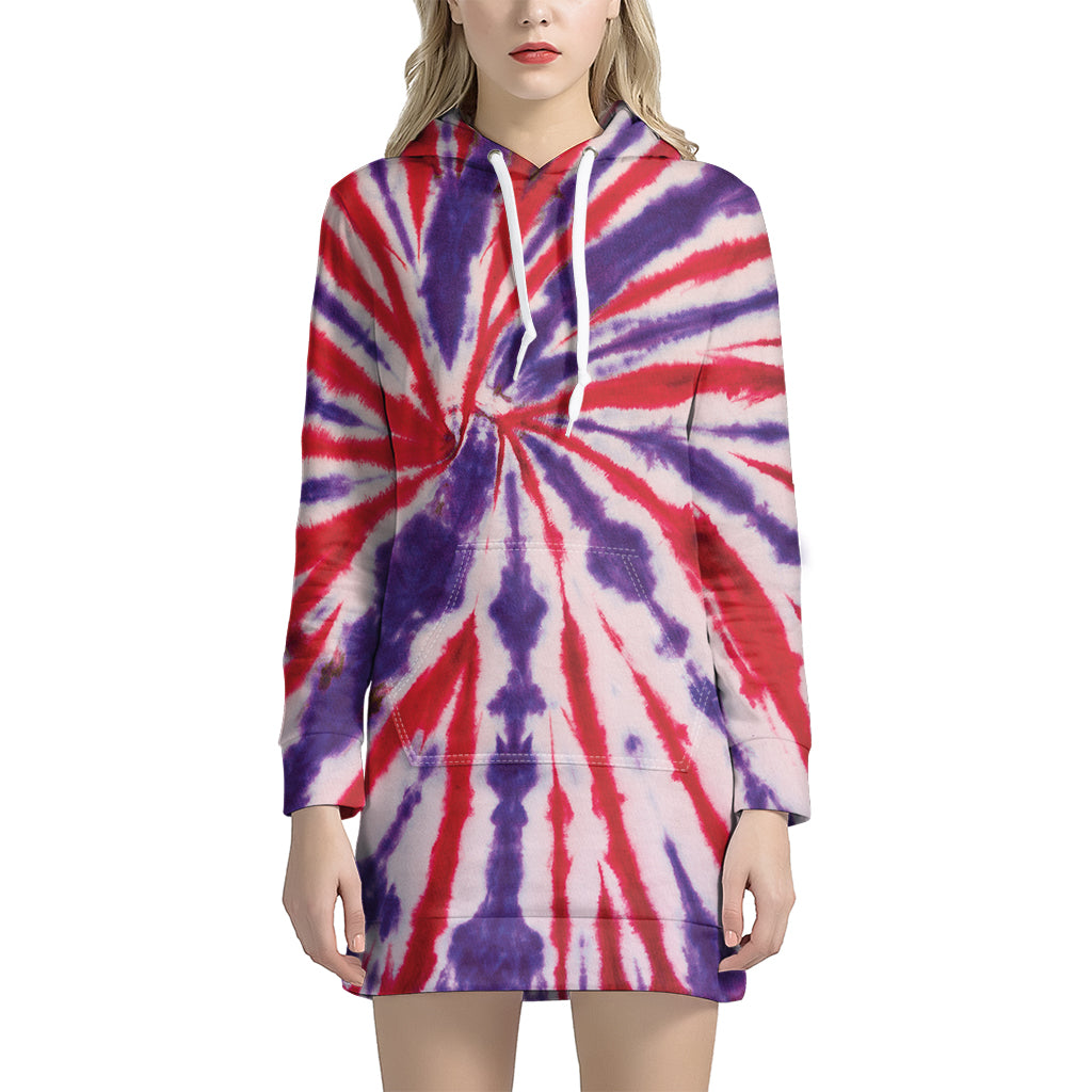 Purple And Red Spider Tie Dye Print Hoodie Dress
