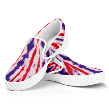 Purple And Red Spider Tie Dye Print White Slip On Shoes