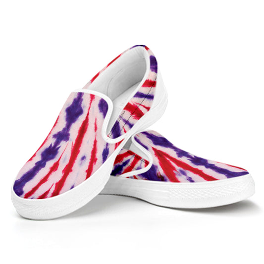 Purple And Red Spider Tie Dye Print White Slip On Shoes