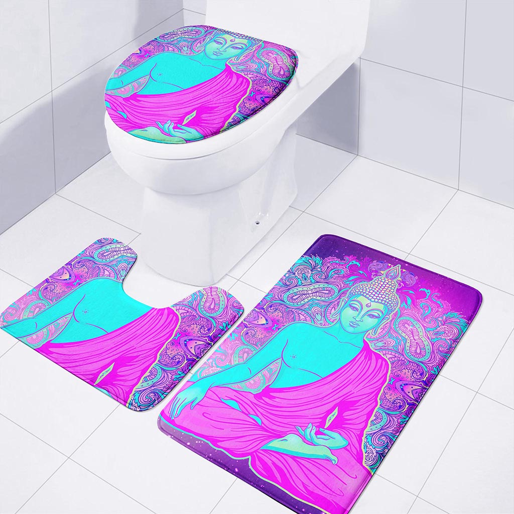 Purple And Teal Buddha Print 3 Piece Bath Mat Set