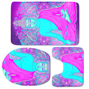 Purple And Teal Buddha Print 3 Piece Bath Mat Set