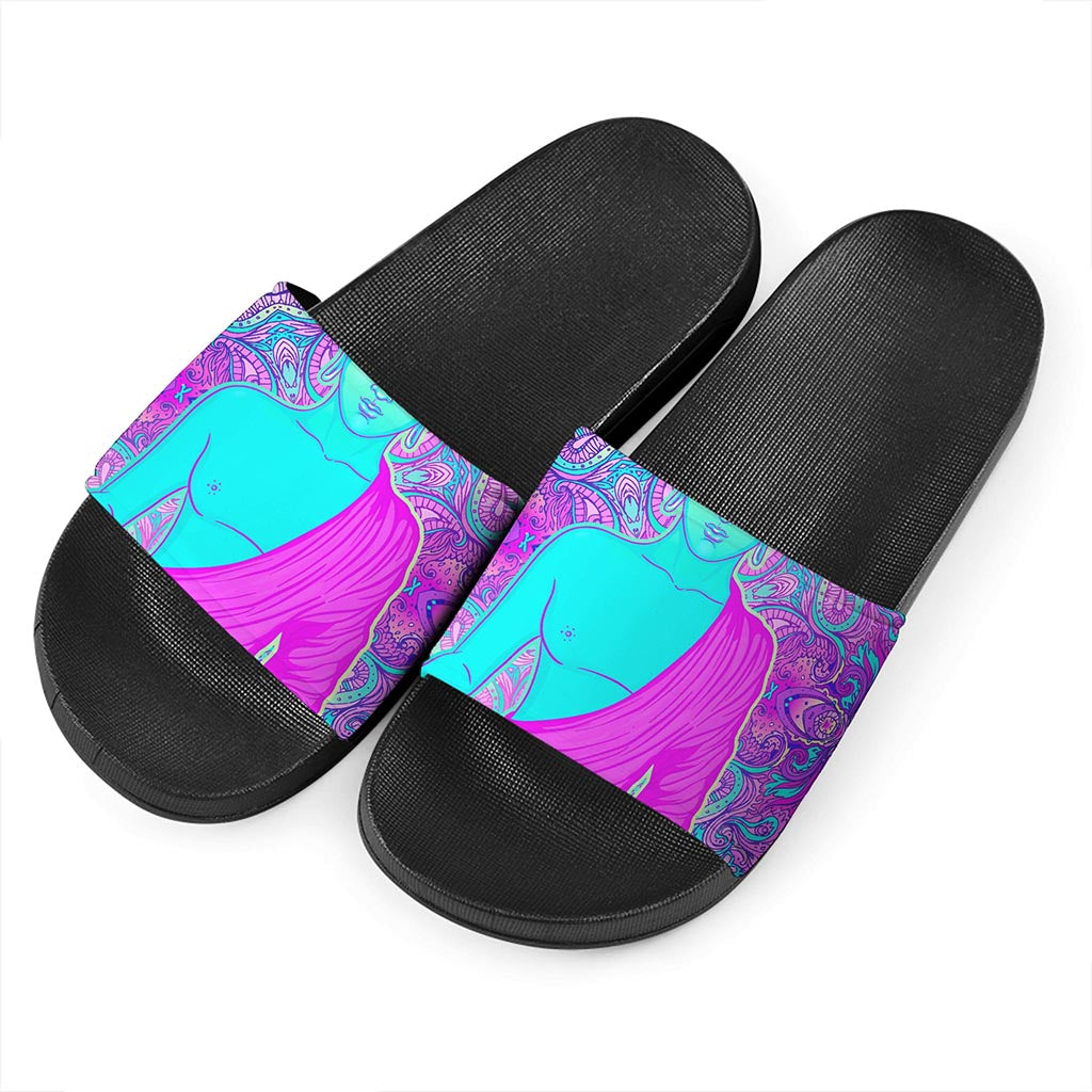 Purple And Teal Buddha Print Black Slide Sandals