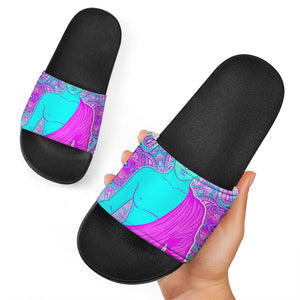 Purple And Teal Buddha Print Black Slide Sandals