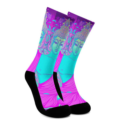 Purple And Teal Buddha Print Crew Socks