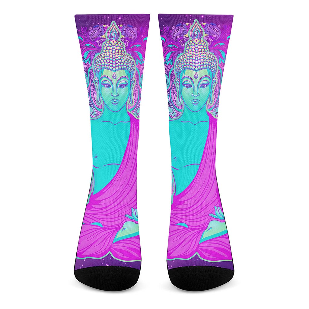 Purple And Teal Buddha Print Crew Socks