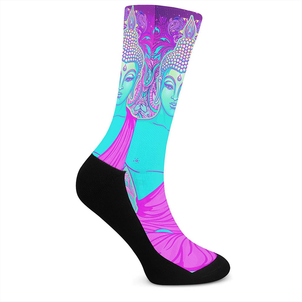 Purple And Teal Buddha Print Crew Socks