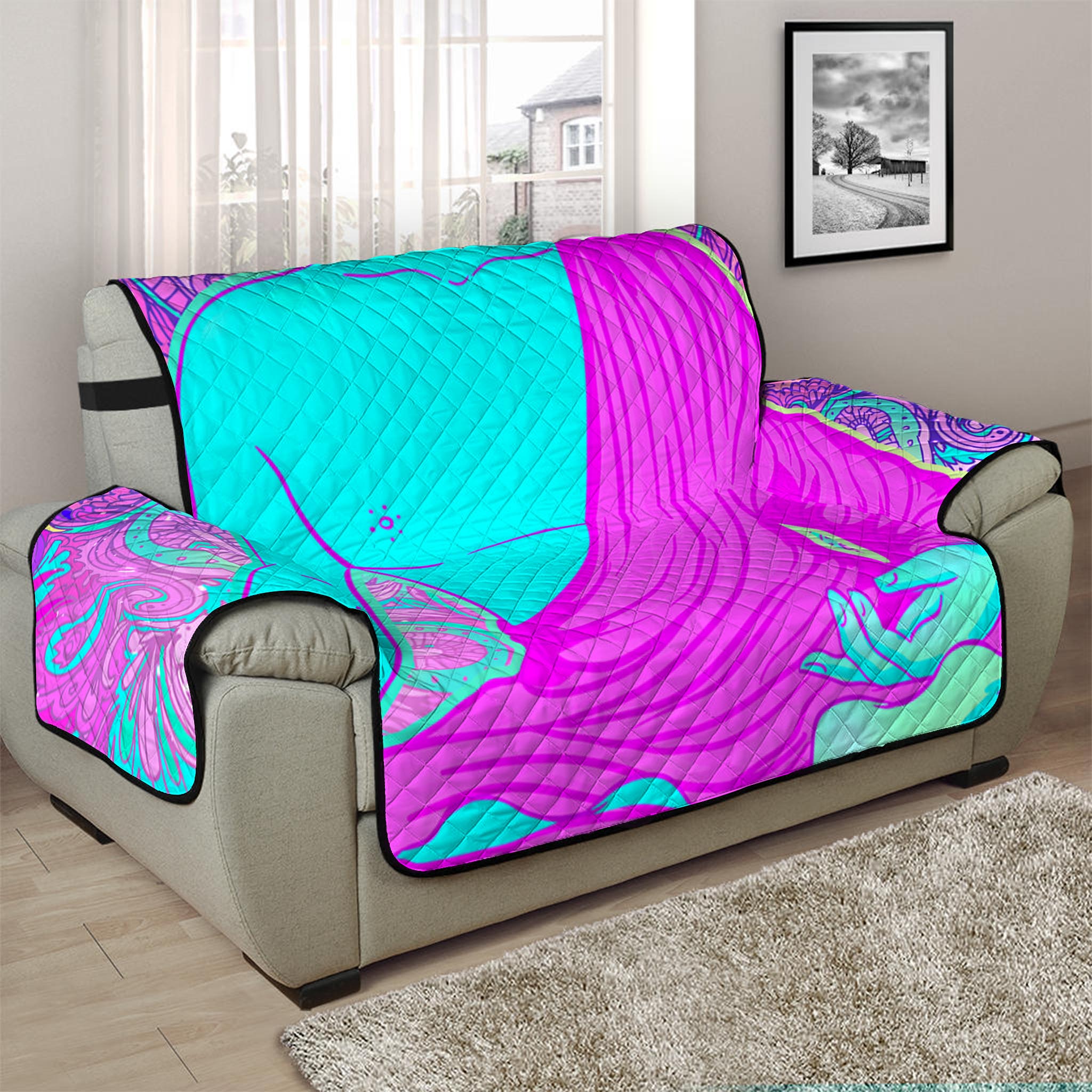 Purple And Teal Buddha Print Half Sofa Protector