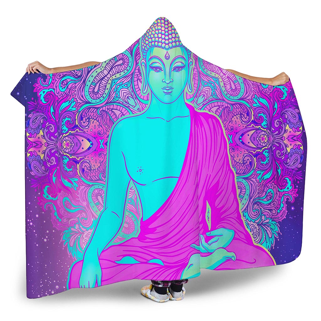 Purple And Teal Buddha Print Hooded Blanket