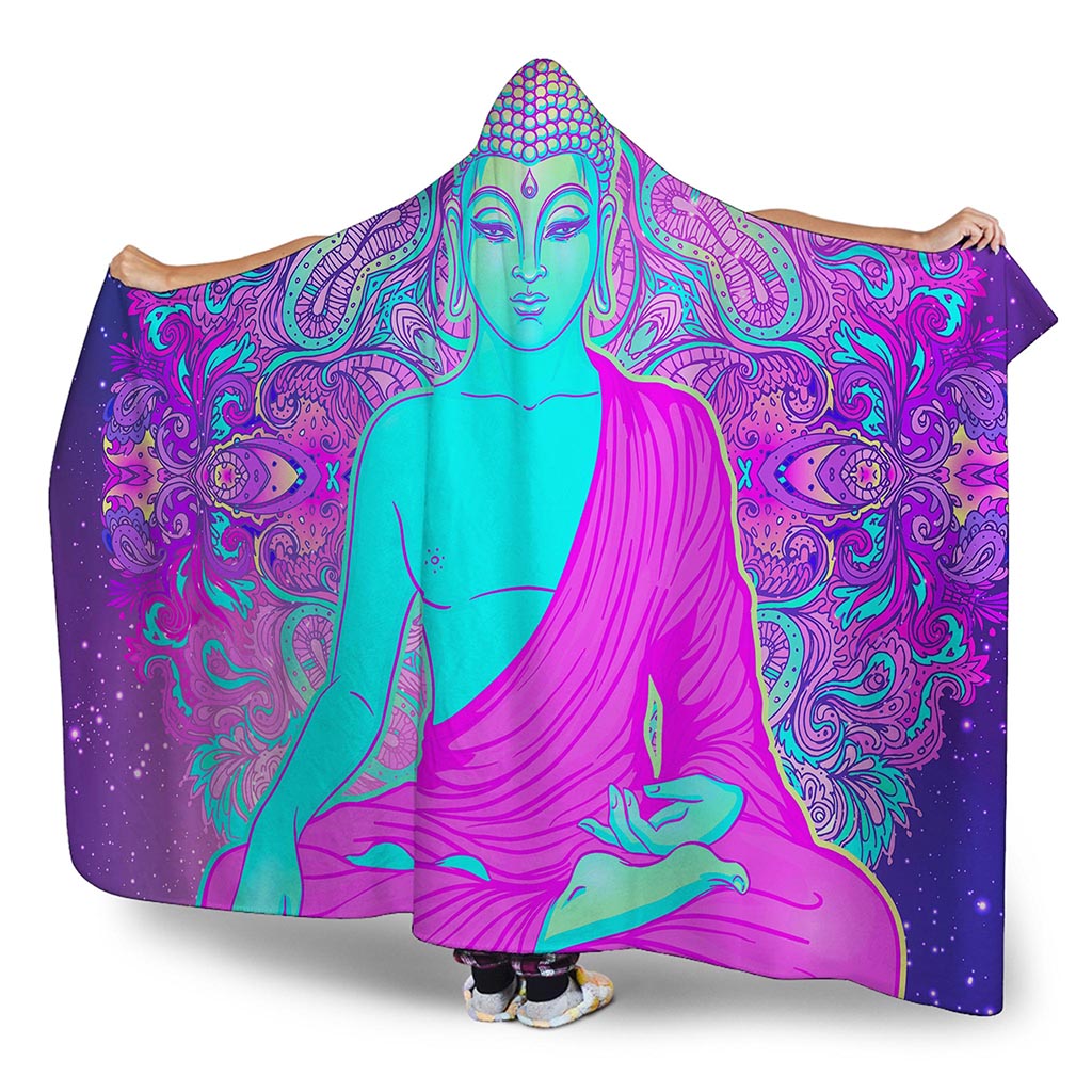 Purple And Teal Buddha Print Hooded Blanket