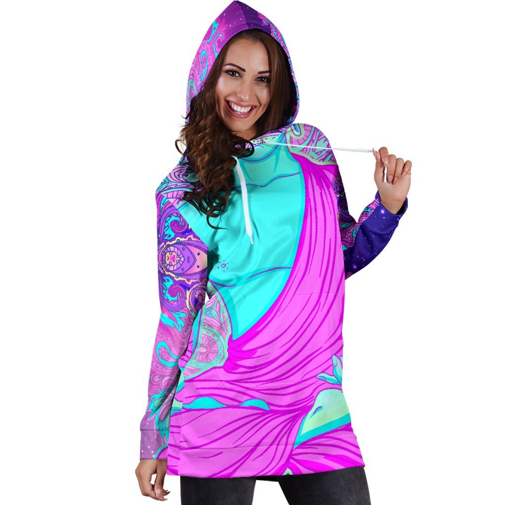 Purple And Teal Buddha Print Hoodie Dress GearFrost