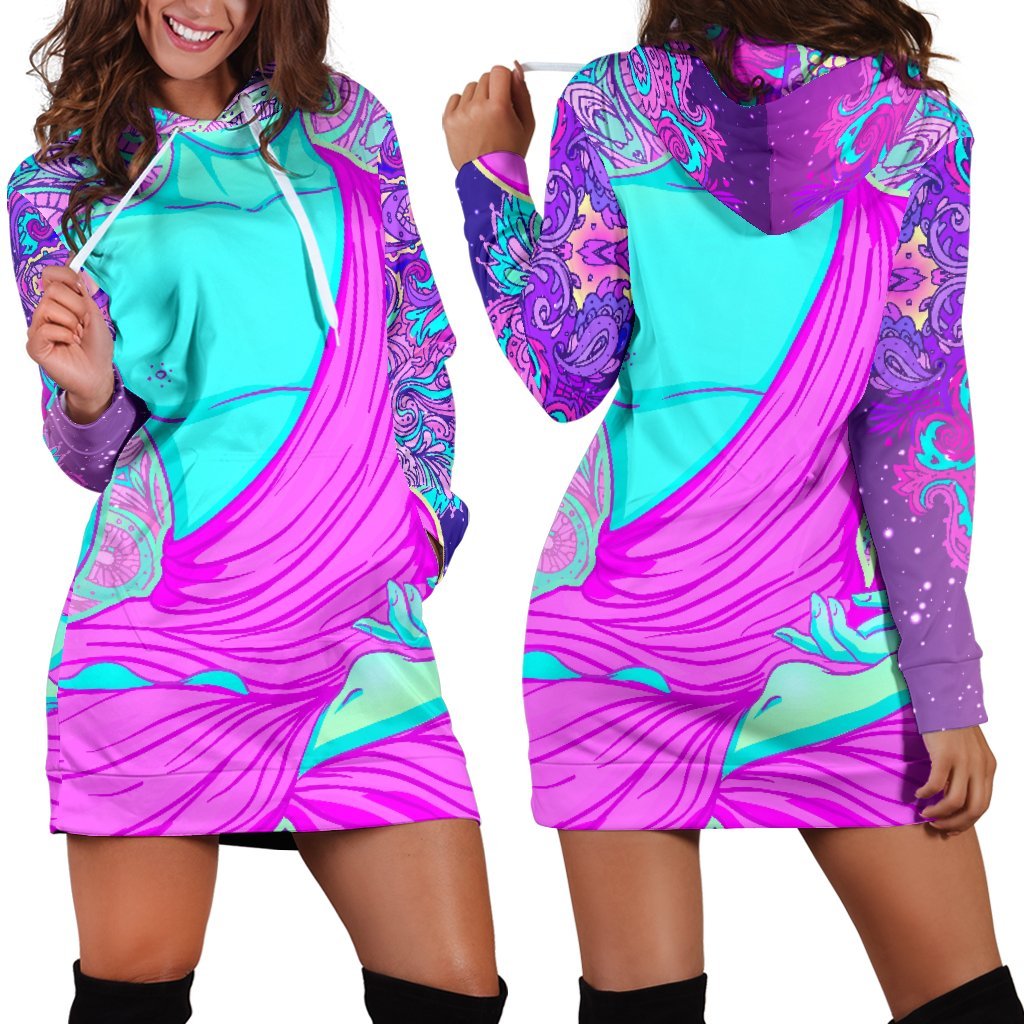 Purple And Teal Buddha Print Hoodie Dress GearFrost