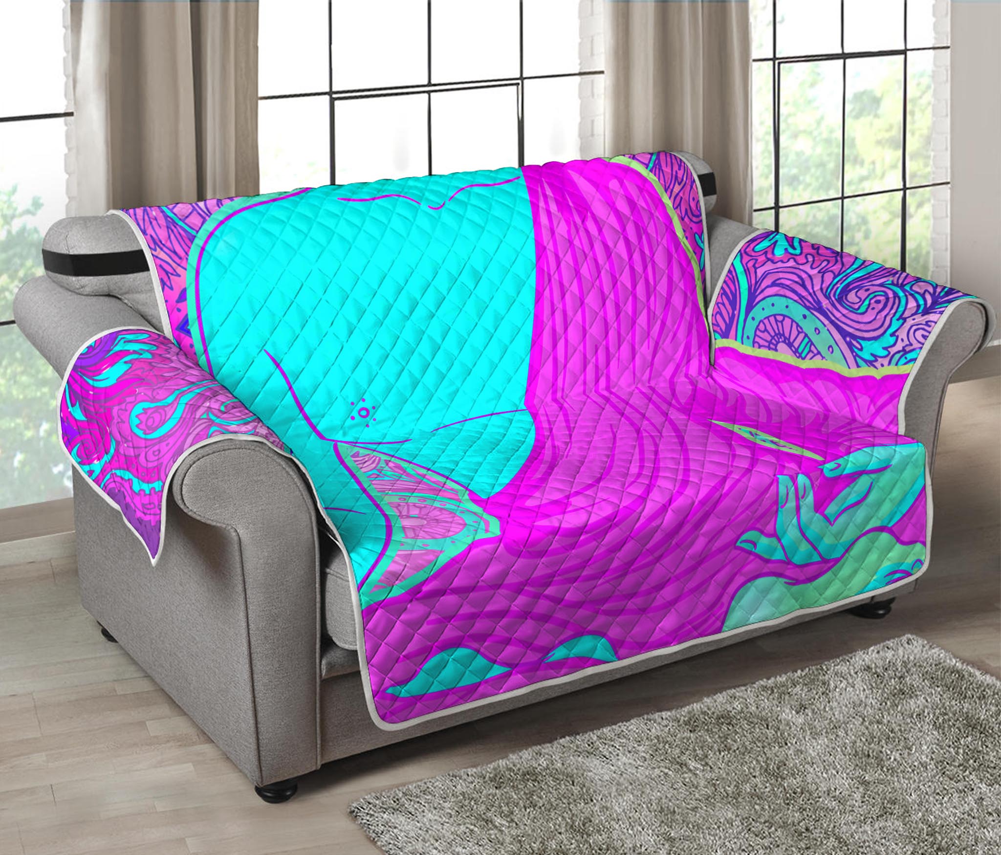 Purple And Teal Buddha Print Loveseat Protector