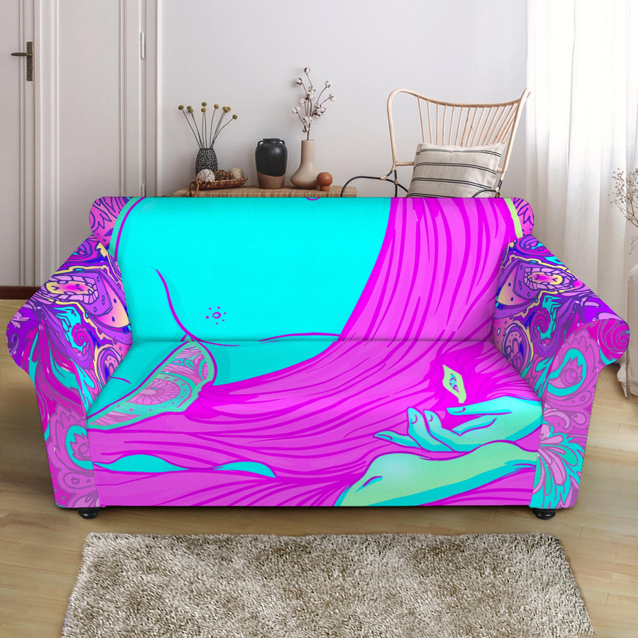 Purple And Teal Buddha Print Loveseat Slipcover