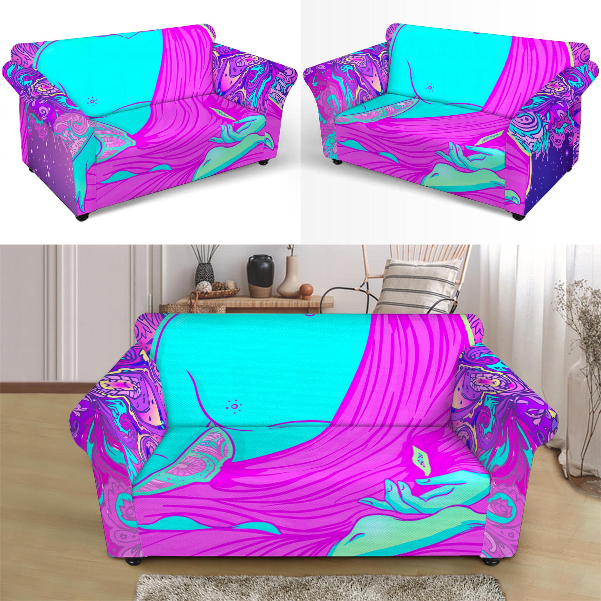 Purple And Teal Buddha Print Loveseat Slipcover