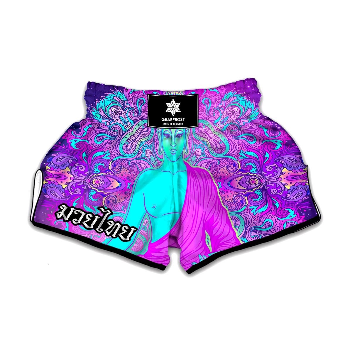 Purple And Teal Buddha Print Muay Thai Boxing Shorts