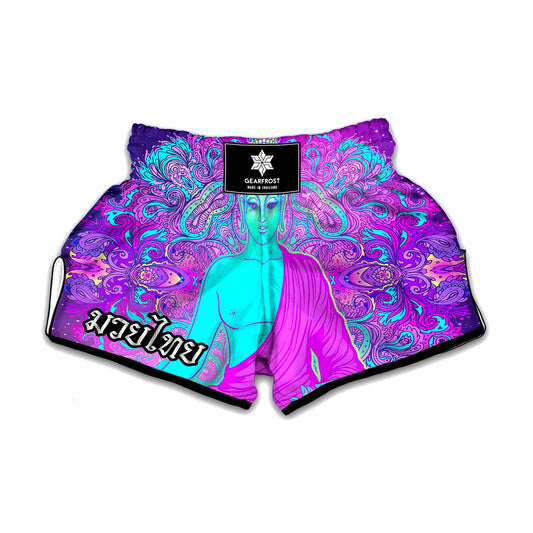 Purple And Teal Buddha Print Muay Thai Boxing Shorts