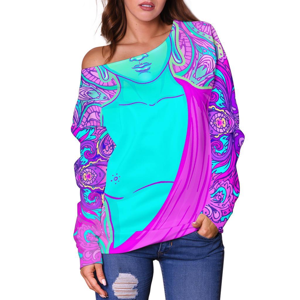 Purple And Teal Buddha Print Off Shoulder Sweatshirt GearFrost