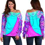 Purple And Teal Buddha Print Off Shoulder Sweatshirt GearFrost