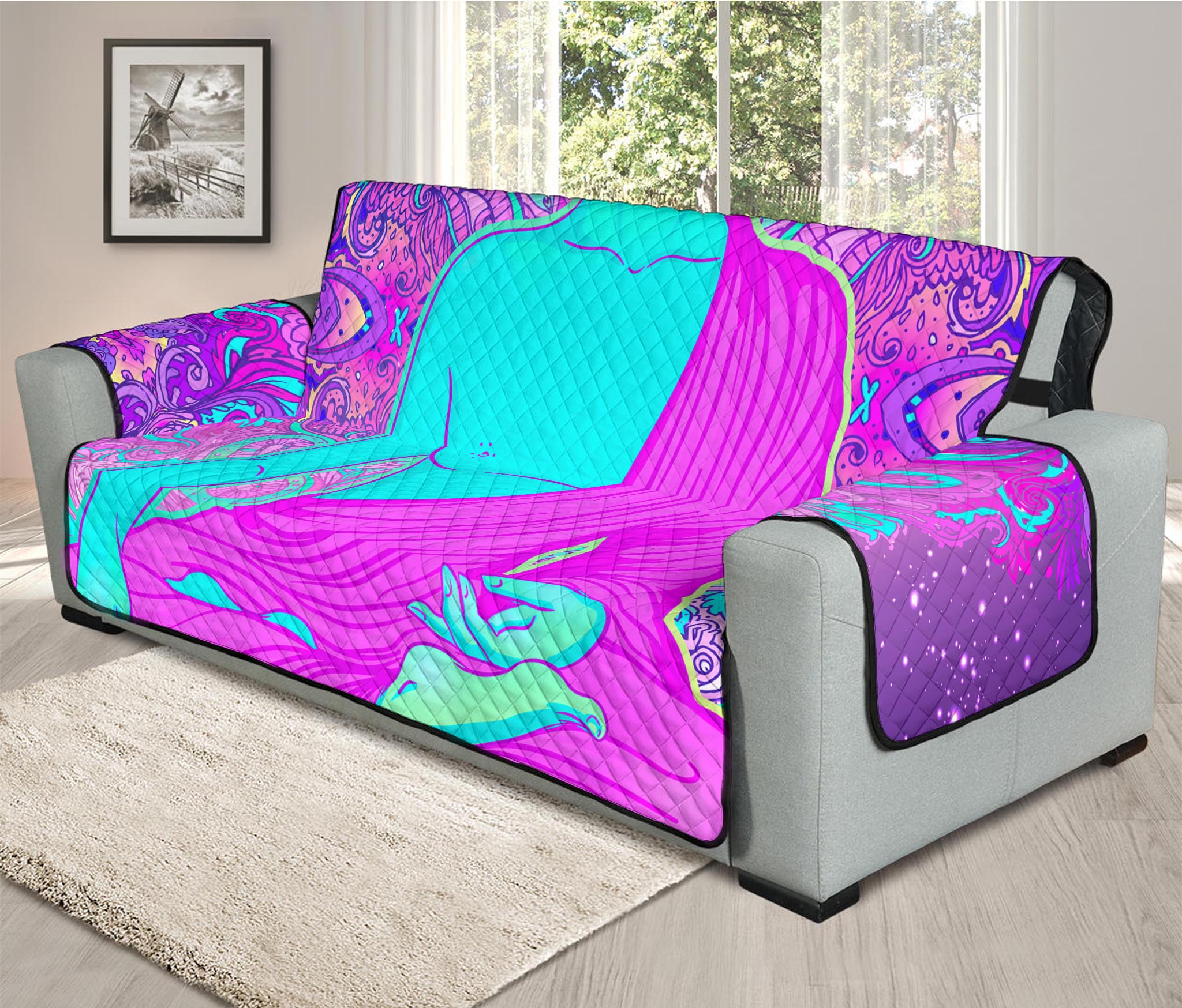 Purple And Teal Buddha Print Oversized Sofa Protector