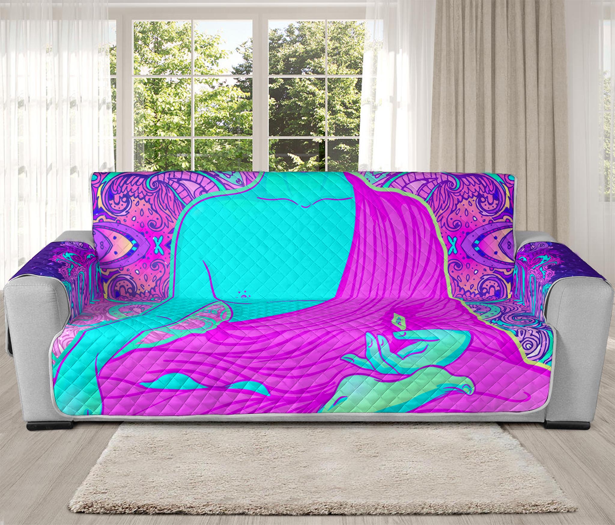 Purple And Teal Buddha Print Oversized Sofa Protector