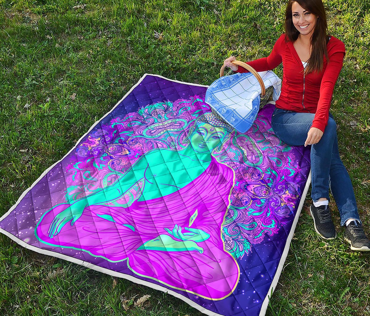 Purple And Teal Buddha Print Quilt