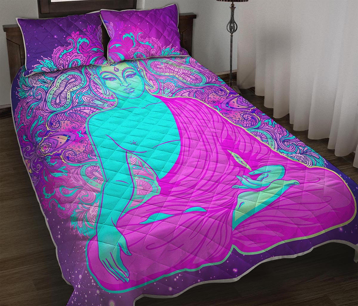 Purple And Teal Buddha Print Quilt Bed Set