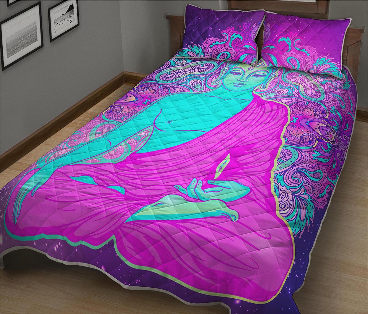 Purple And Teal Buddha Print Quilt Bed Set