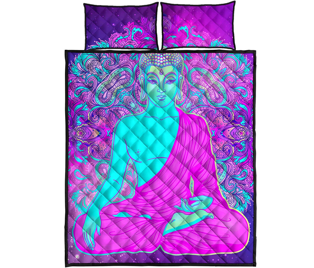 Purple And Teal Buddha Print Quilt Bed Set