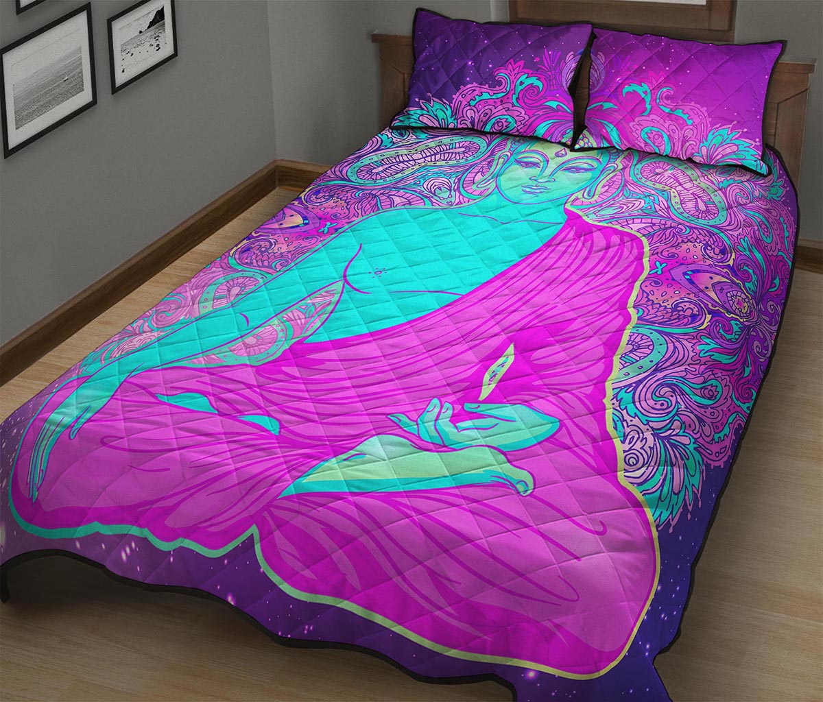 Purple And Teal Buddha Print Quilt Bed Set