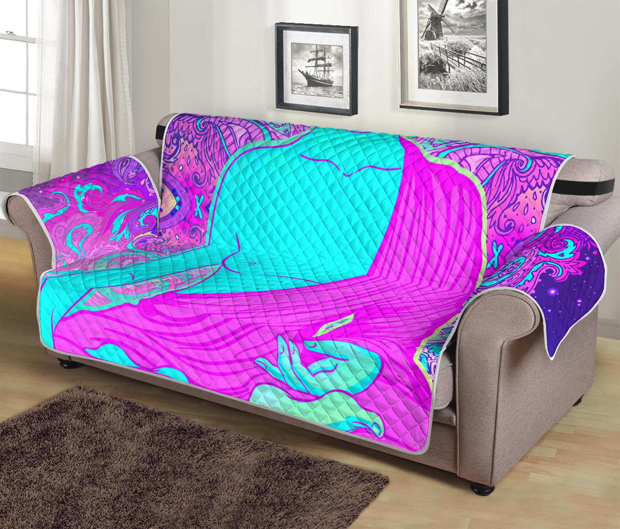 Purple And Teal Buddha Print Sofa Protector