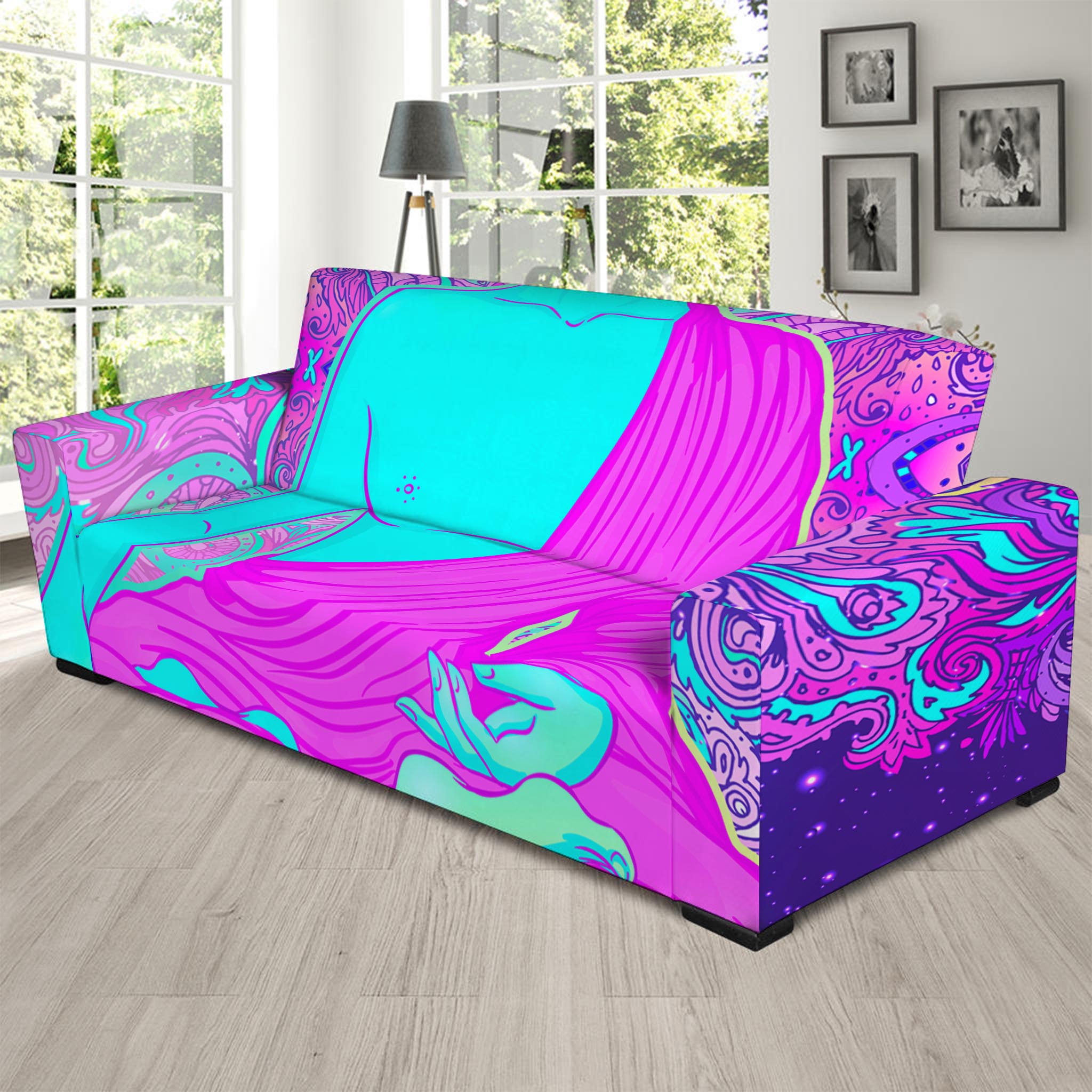 Purple And Teal Buddha Print Sofa Slipcover