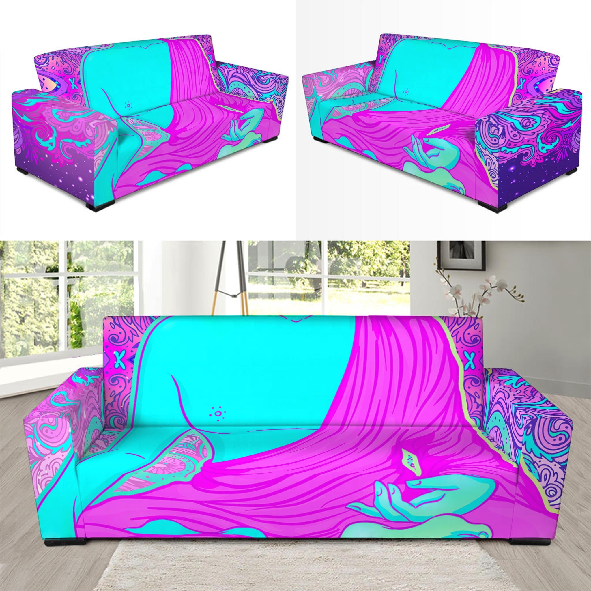 Purple And Teal Buddha Print Sofa Slipcover