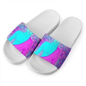 Purple And Teal Buddha Print White Slide Sandals