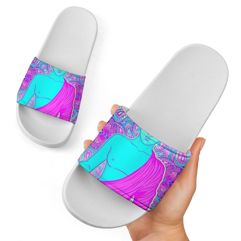 Purple And Teal Buddha Print White Slide Sandals