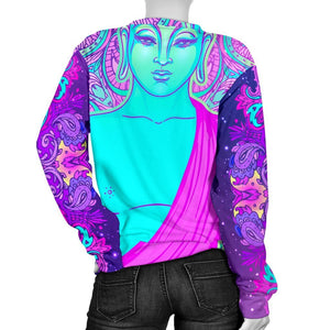 Purple And Teal Buddha Print Women's Crewneck Sweatshirt GearFrost