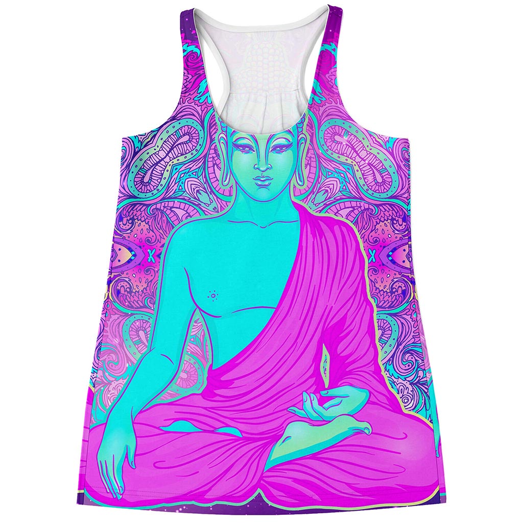 Purple And Teal Buddha Print Women's Racerback Tank Top