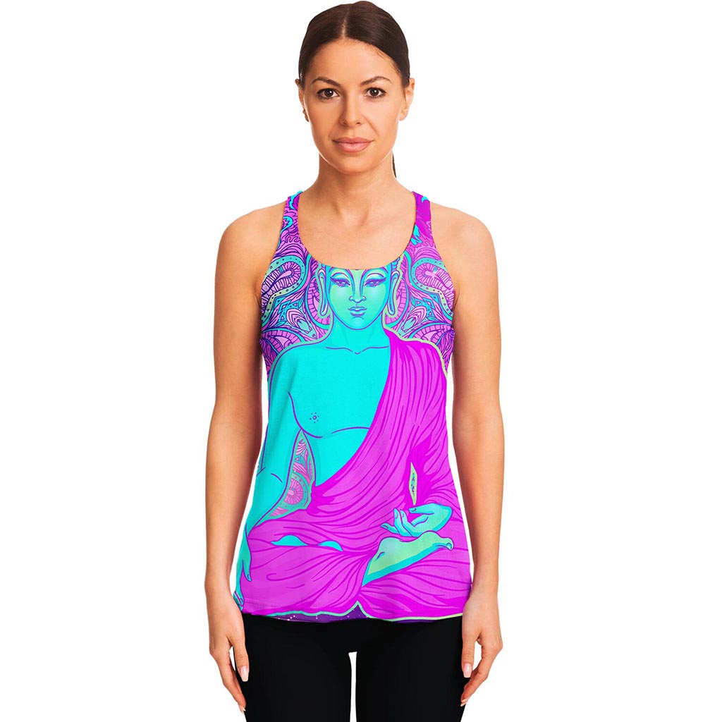 Purple And Teal Buddha Print Women's Racerback Tank Top