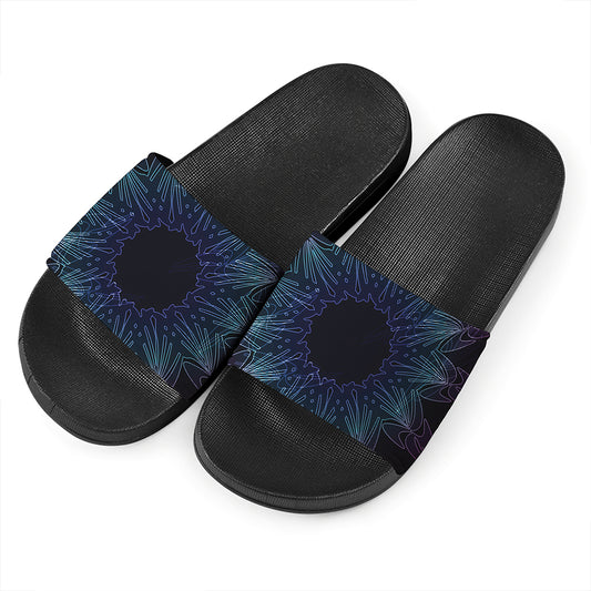Purple And Teal Dark Mandala Print Black Slide Sandals