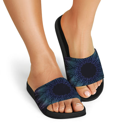 Purple And Teal Dark Mandala Print Black Slide Sandals