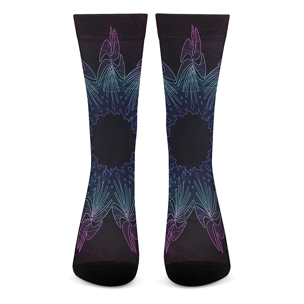 Purple And Teal Dark Mandala Print Crew Socks