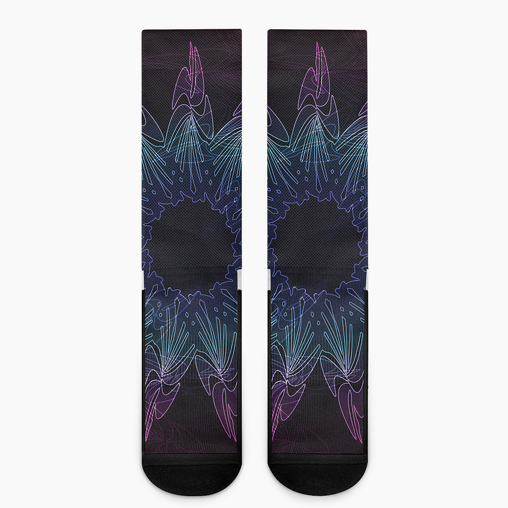 Purple And Teal Dark Mandala Print Crew Socks