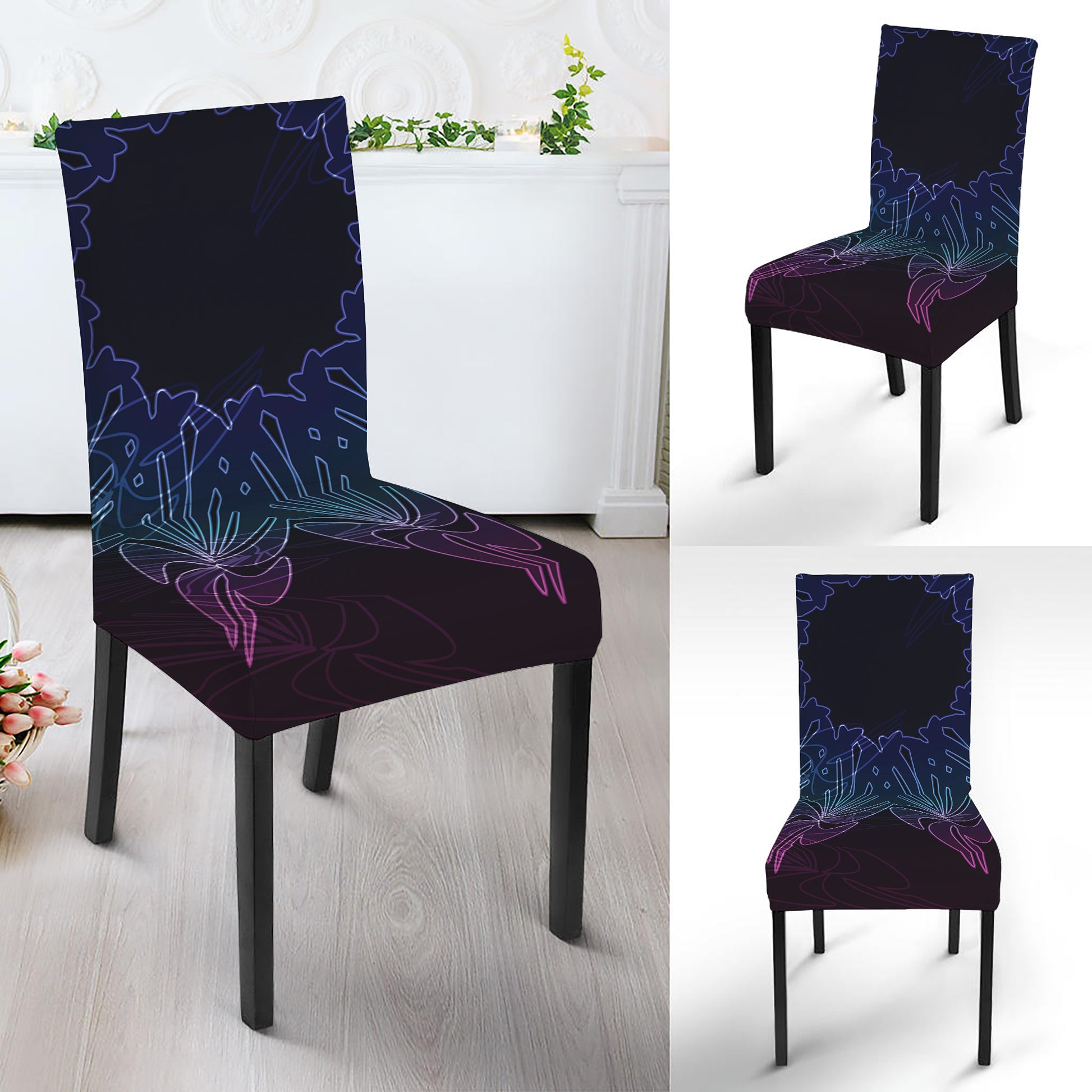 Purple And Teal Dark Mandala Print Dining Chair Slipcover