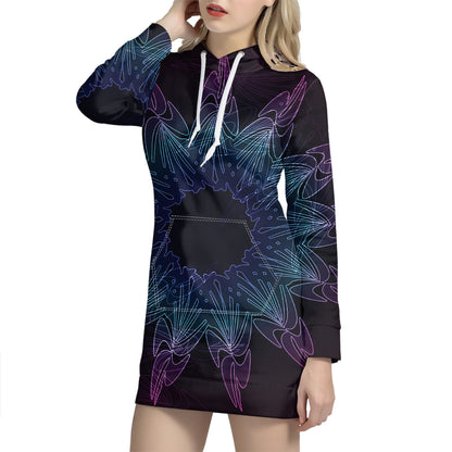 Purple And Teal Dark Mandala Print Pullover Hoodie Dress